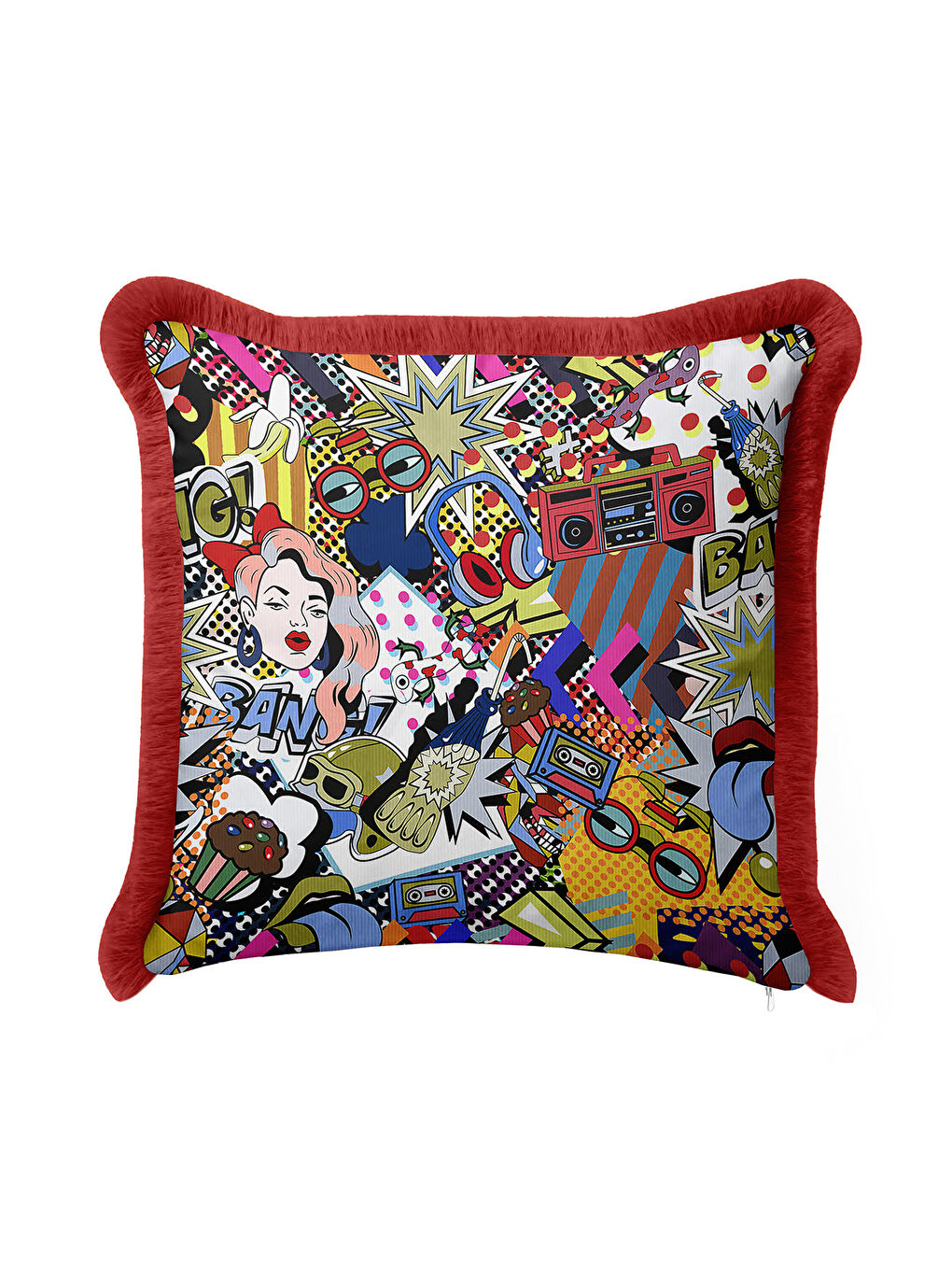 Karışık Pop Art Renkli Saçaklı Yastık Kılıfı - Çizgi Roman Retro Kırmızı Püsküllü Kırlent Kılıfı-3