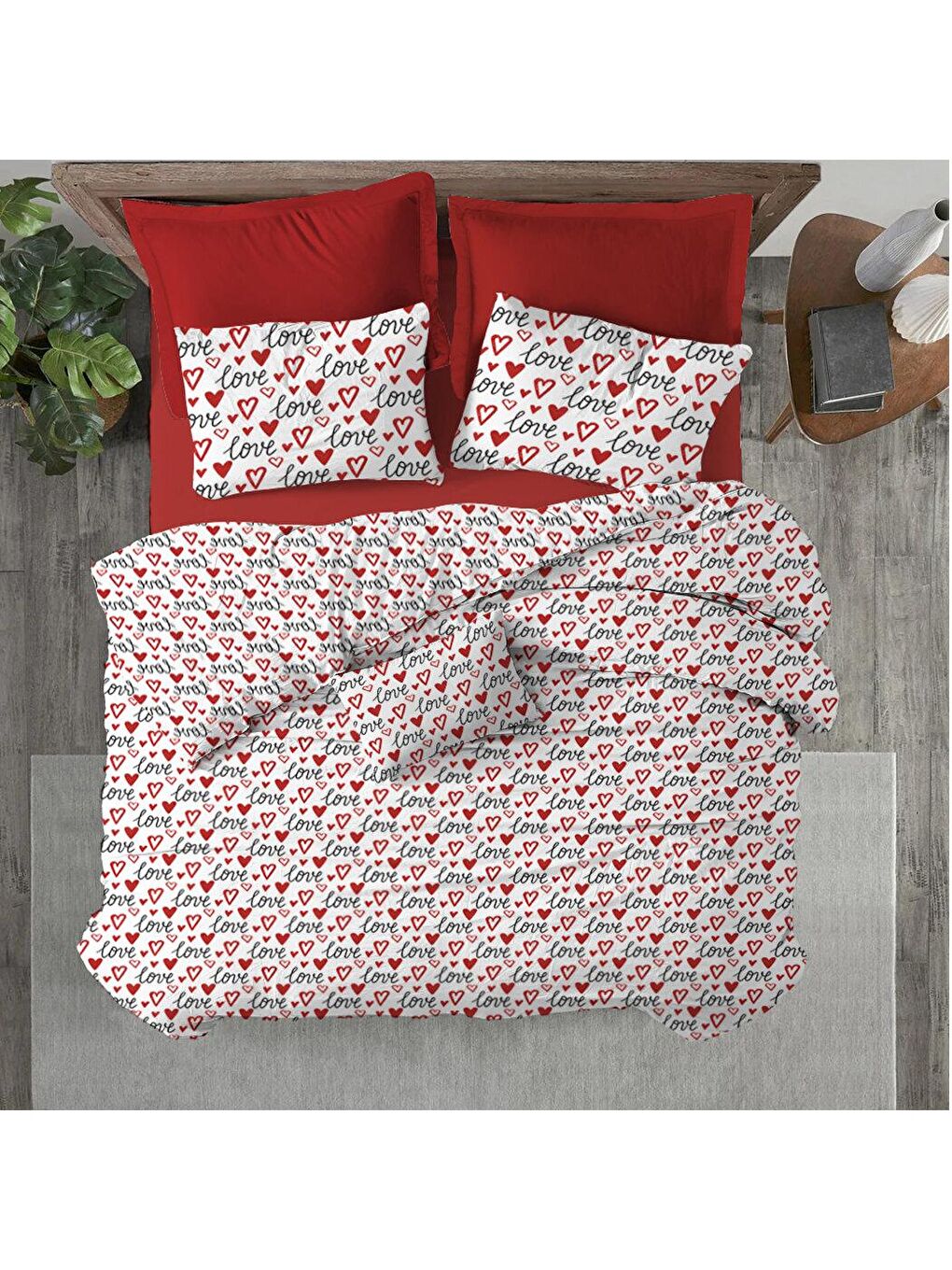 Kırmızı Kalp, sevgililer günü özel desen baskılı çift Kişilik 200x220 Cm ÇARŞAFSIZ Nevresim Takımı-1