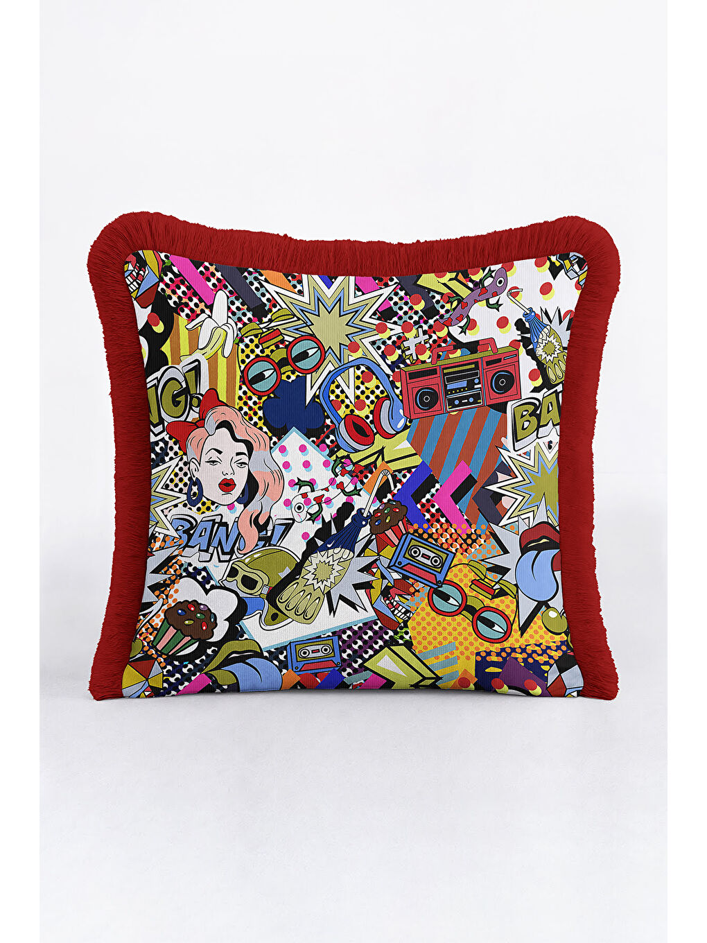 Karışık Pop Art Renkli Saçaklı Yastık Kılıfı - Çizgi Roman Retro Kırmızı Püsküllü Kırlent Kılıfı-4