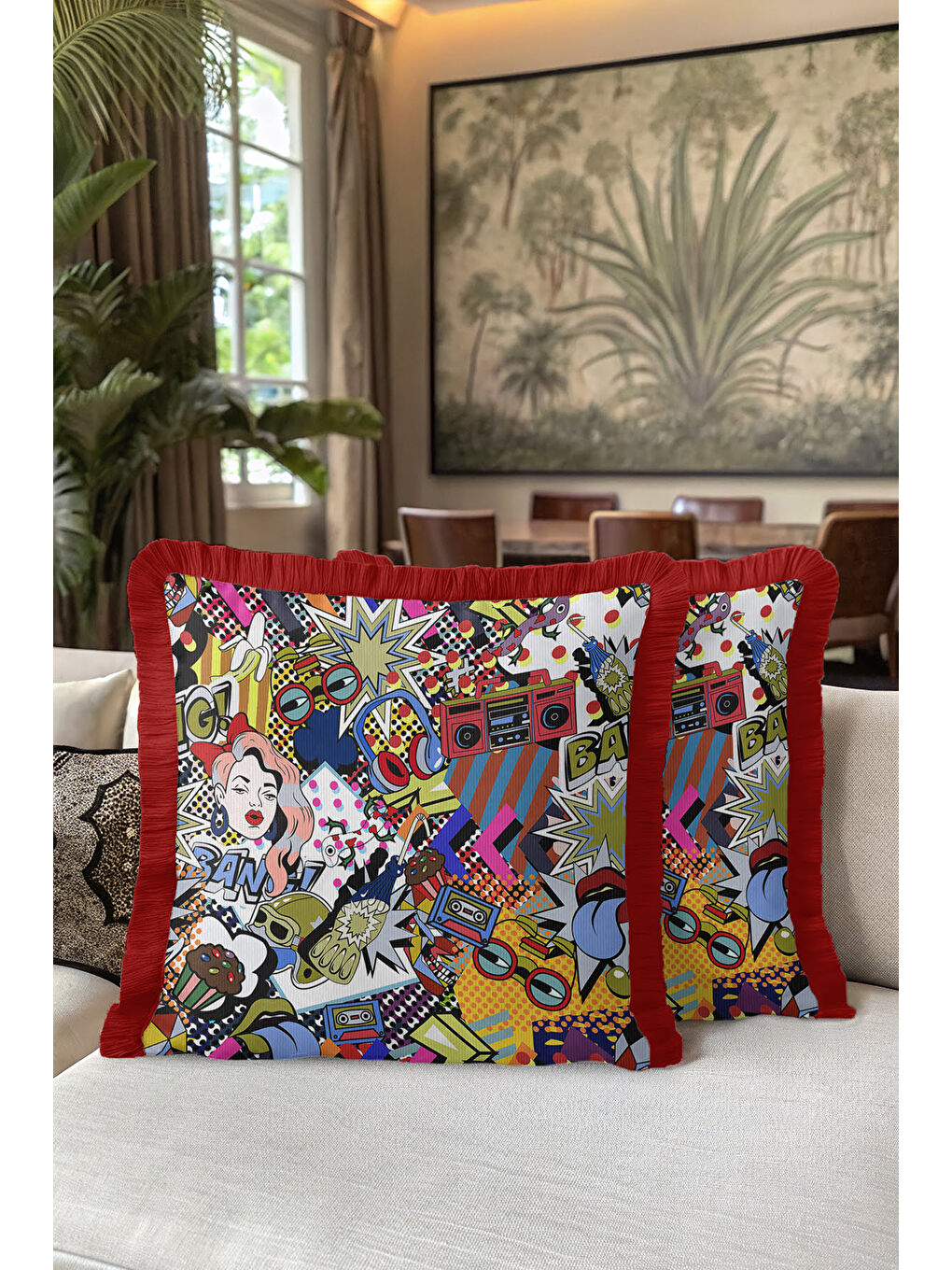 Karışık Pop Art Renkli Saçaklı Yastık Kılıfı - Çizgi Roman Retro Kırmızı Püsküllü Kırlent Kılıfı-5