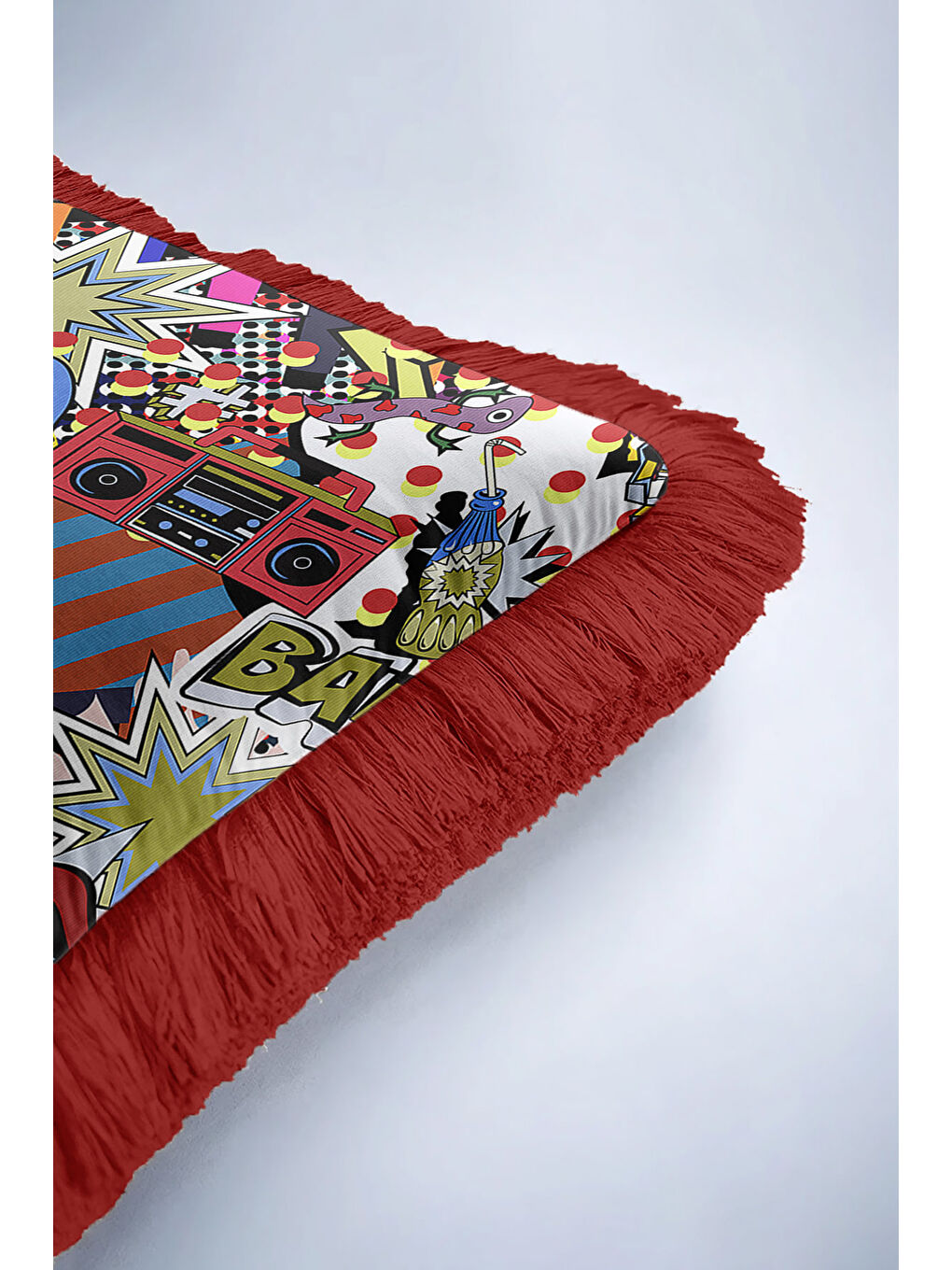 Karışık Pop Art Renkli Saçaklı Yastık Kılıfı - Çizgi Roman Retro Kırmızı Püsküllü Kırlent Kılıfı-6