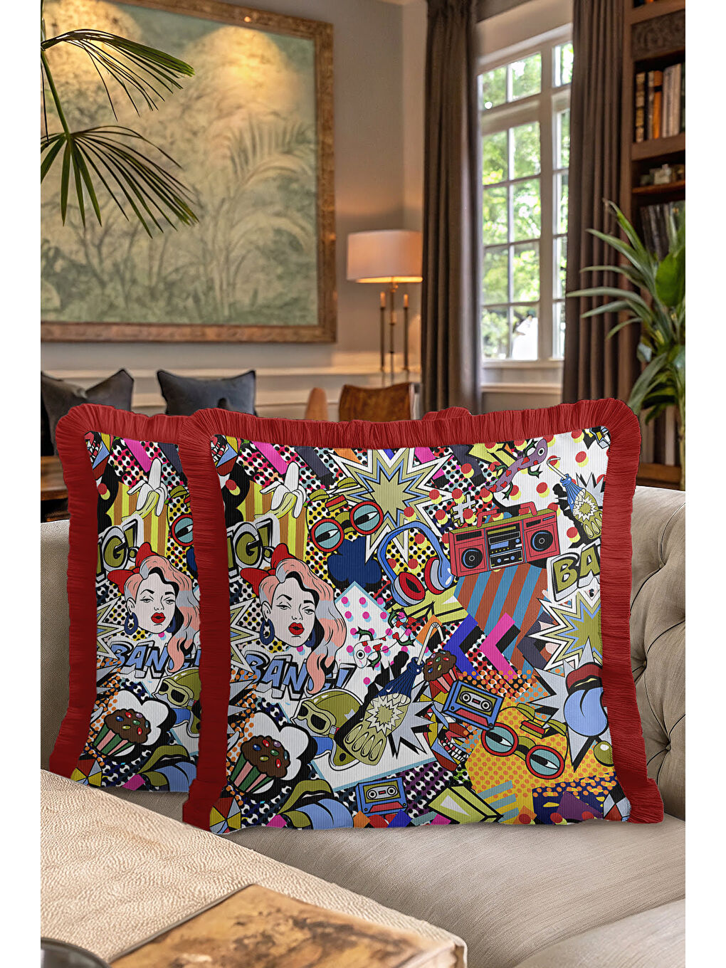 Karışık Pop Art Renkli Saçaklı Yastık Kılıfı - Çizgi Roman Retro Kırmızı Püsküllü Kırlent Kılıfı-7