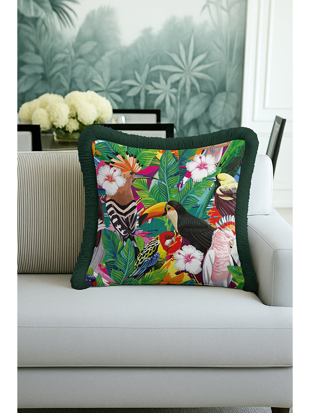 Karışık Tropikal Kuşlar Saçaklı Yastık Kılıfı - Canlı Botanik Bohem Yeşil Püsküllü Kırlent Kılıfı