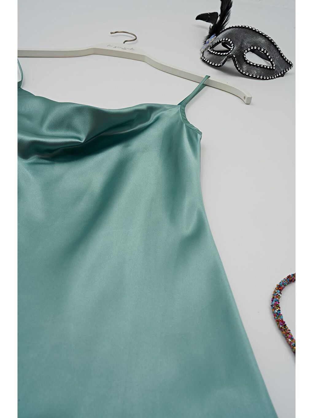 Degaje Yaka Su Yeşili Saten Gecelik-2