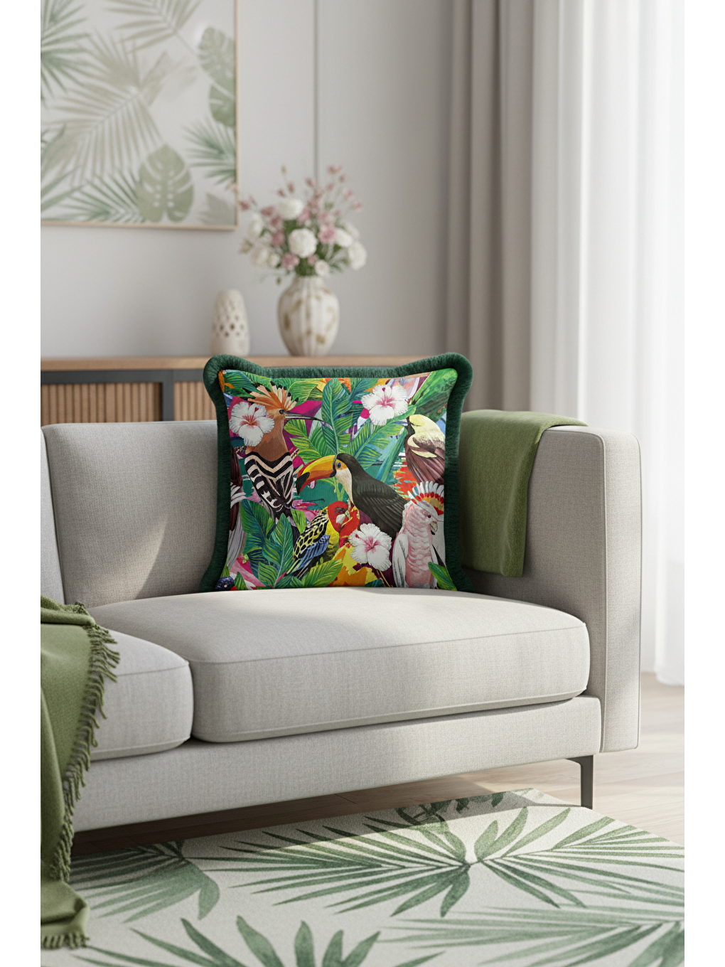 Karışık Tropikal Kuşlar Saçaklı Yastık Kılıfı - Canlı Botanik Bohem Yeşil Püsküllü Kırlent Kılıfı-3