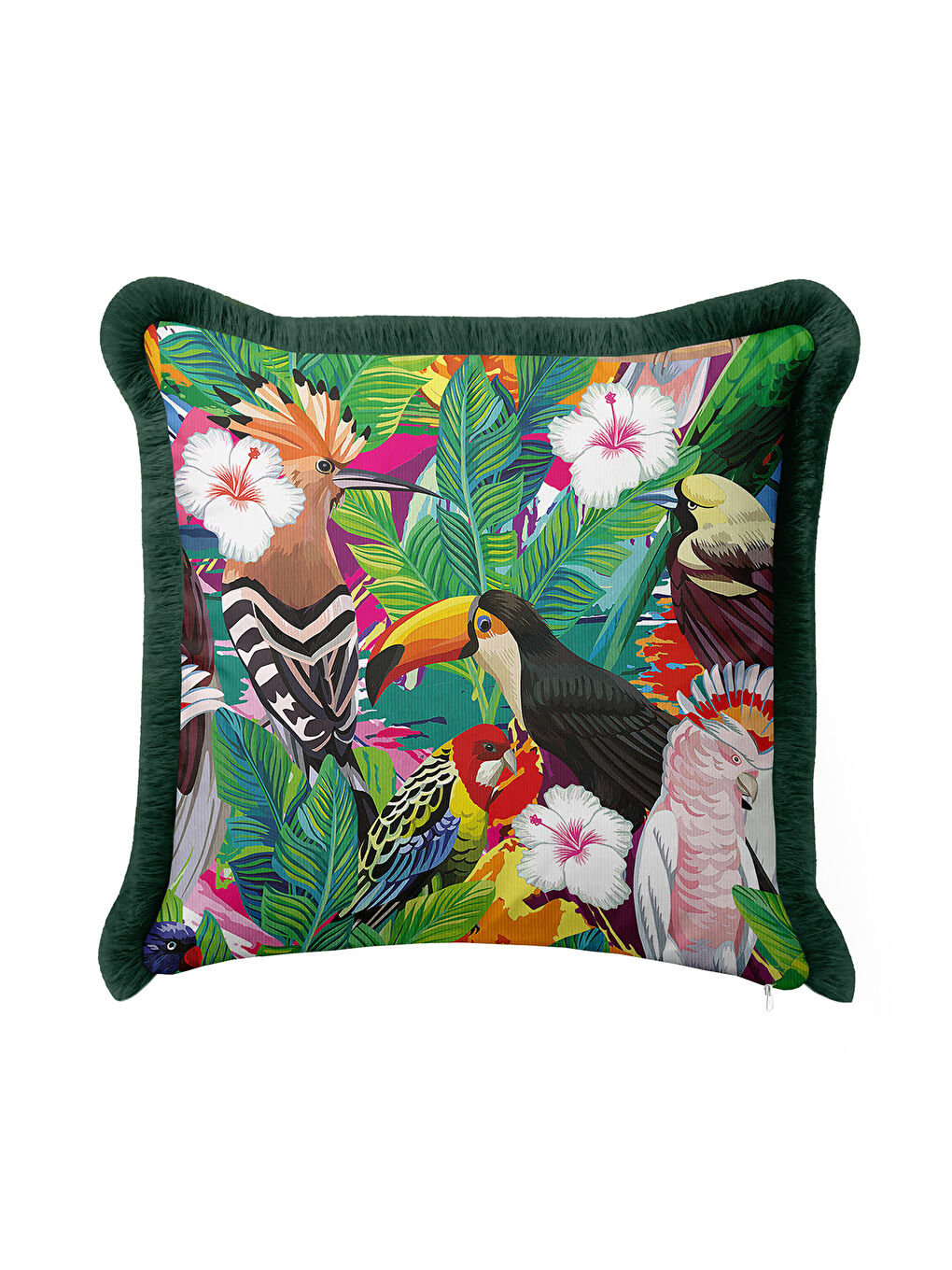 Karışık Tropikal Kuşlar Saçaklı Yastık Kılıfı - Canlı Botanik Bohem Yeşil Püsküllü Kırlent Kılıfı-4