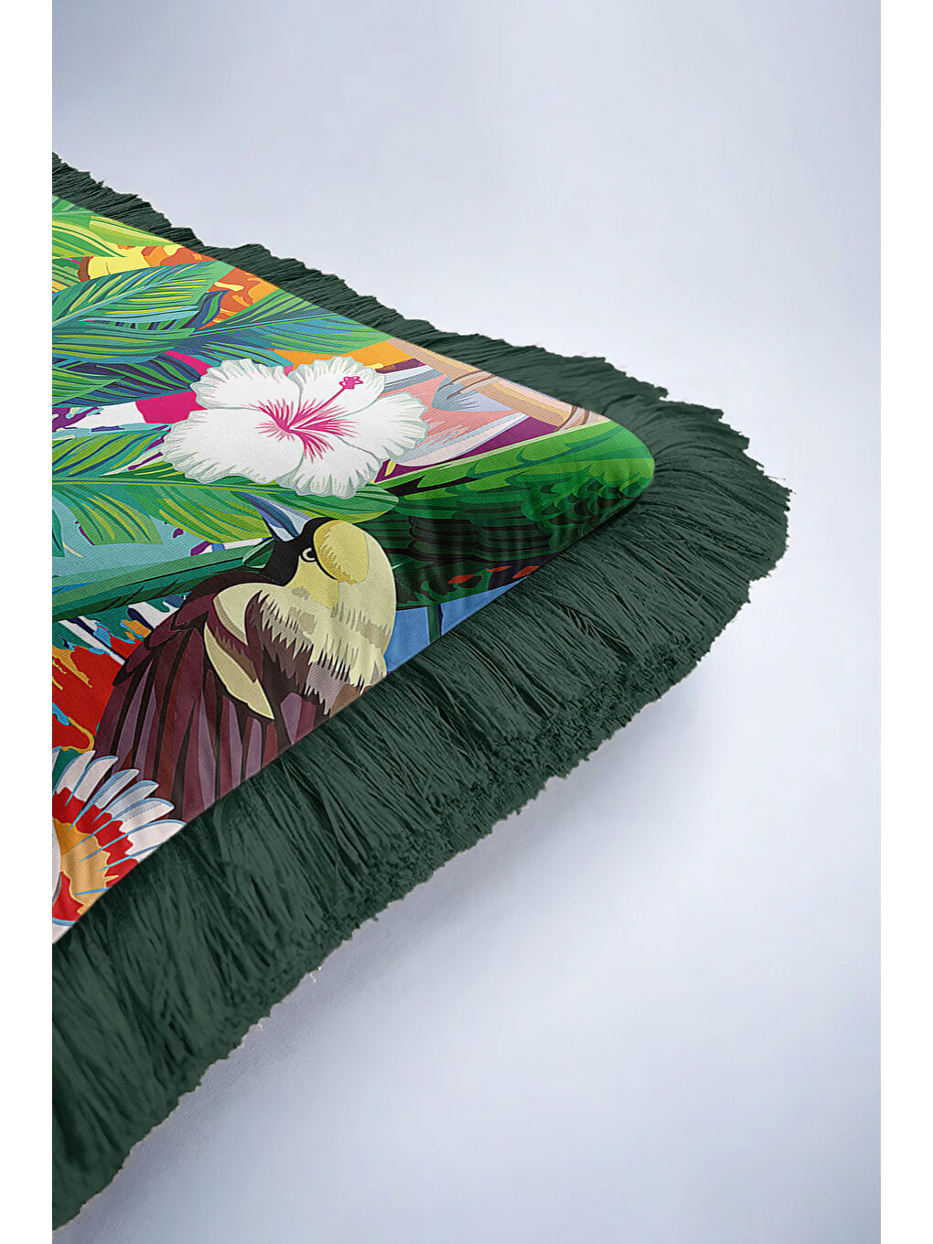 Karışık Tropikal Kuşlar Saçaklı Yastık Kılıfı - Canlı Botanik Bohem Yeşil Püsküllü Kırlent Kılıfı-6
