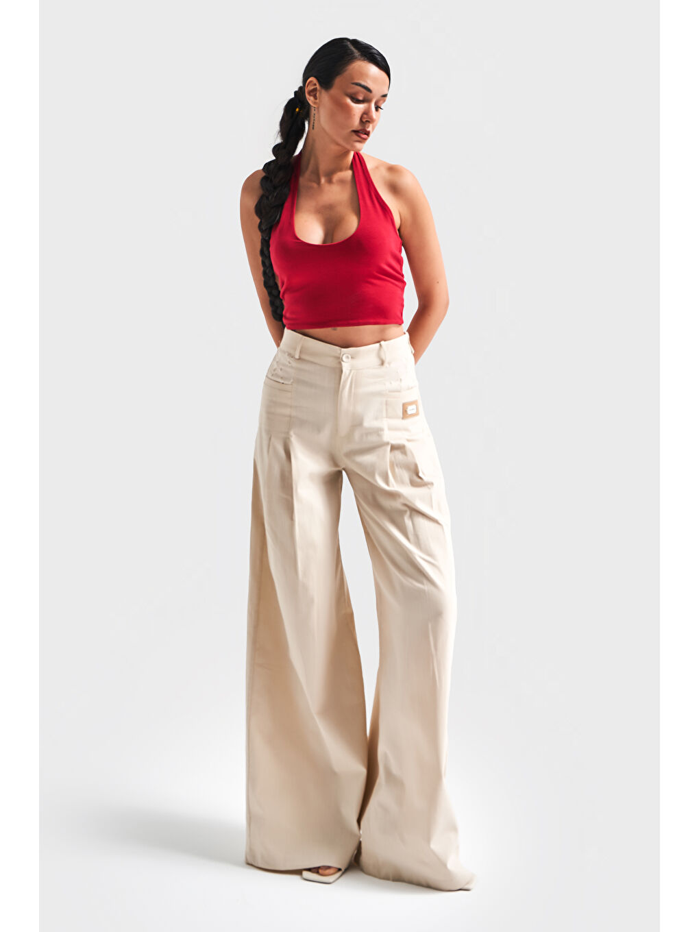 Kadın Bej Renk Esnek Keten Kumaş Palazzo Fit Tasarım Pantolon-3