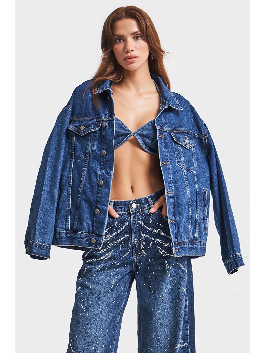 Kadın Mavi Renk Oversize %100 Pamuk Denim Ceket
