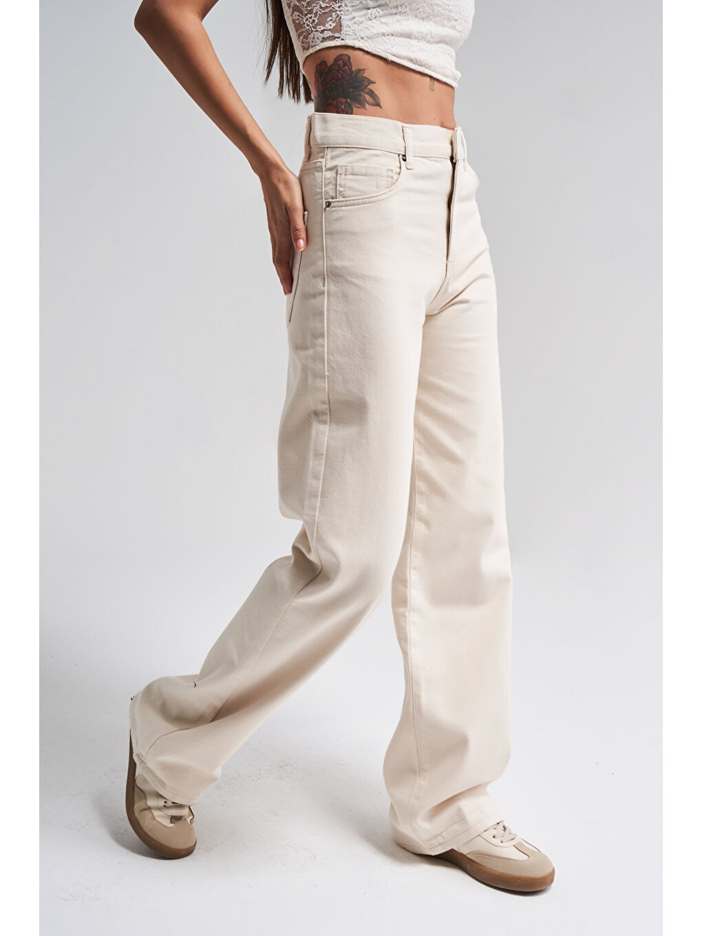 Bej Kadın Raw Renk Lora Loose Fit Orta Bel Denim-4