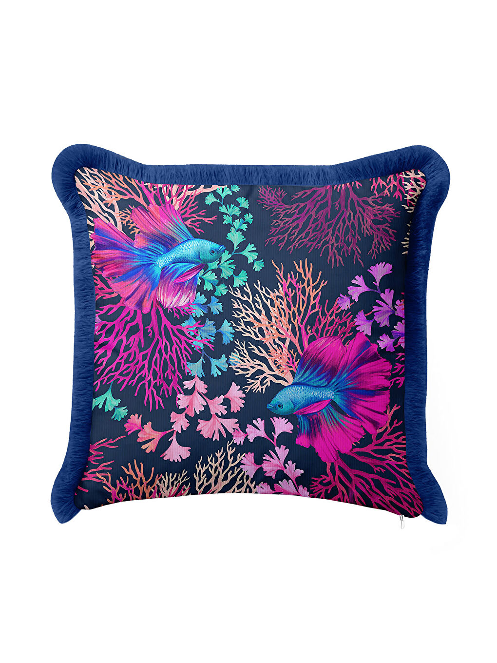 Karışık Lüks Mercan Balık Saçaklı Yastık Kılıfı - Okyanus Esintisi Bohem Lacivert Püsküllü Kırlent Kılıfı