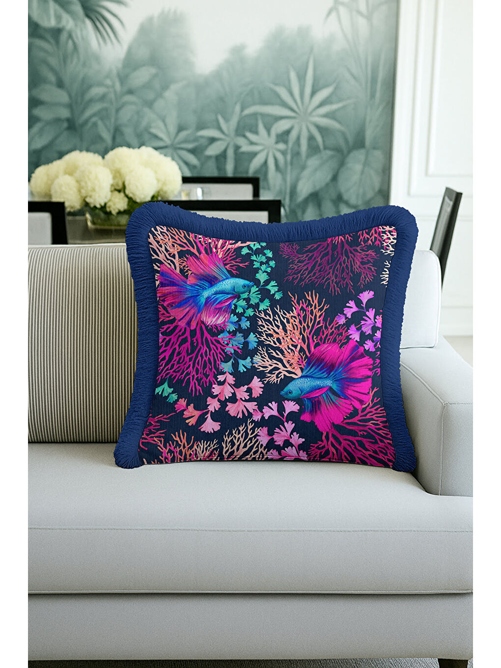 Karışık Lüks Mercan Balık Saçaklı Yastık Kılıfı - Okyanus Esintisi Bohem Lacivert Püsküllü Kırlent Kılıfı-1