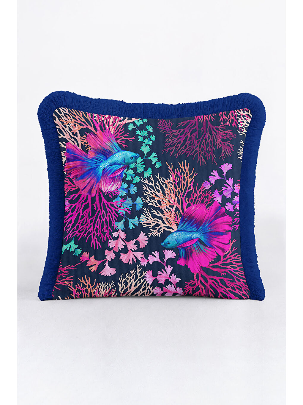 Karışık Lüks Mercan Balık Saçaklı Yastık Kılıfı - Okyanus Esintisi Bohem Lacivert Püsküllü Kırlent Kılıfı-2