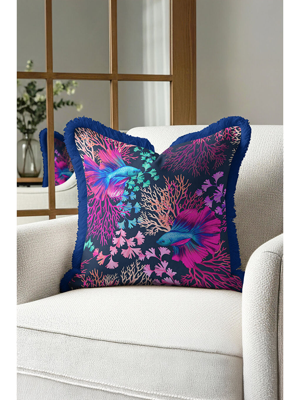 Karışık Lüks Mercan Balık Saçaklı Yastık Kılıfı - Okyanus Esintisi Bohem Lacivert Püsküllü Kırlent Kılıfı-3