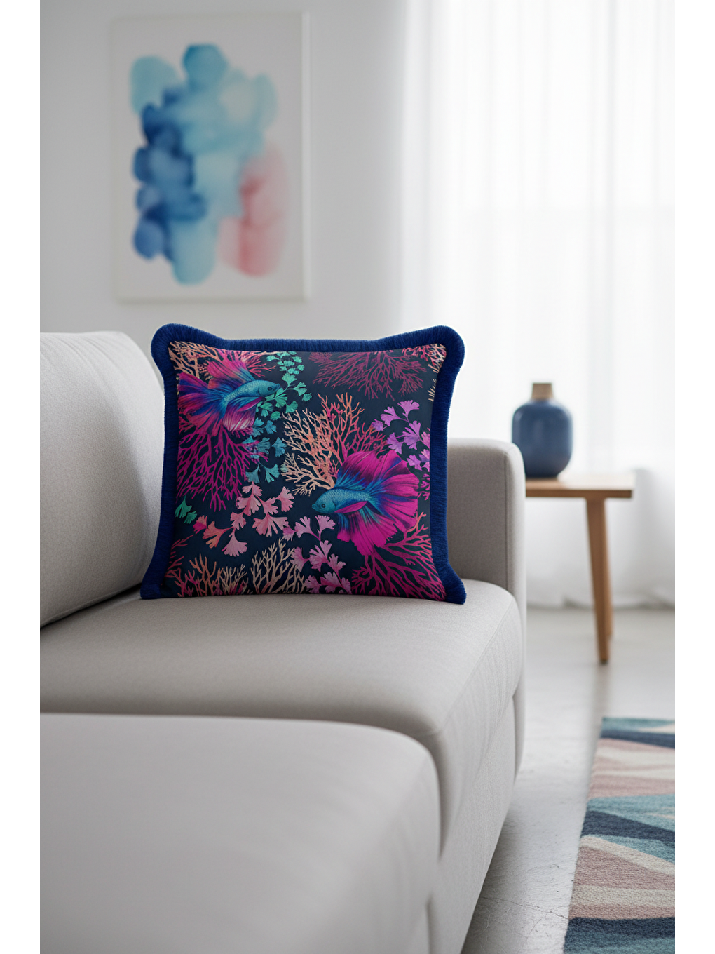 Karışık Lüks Mercan Balık Saçaklı Yastık Kılıfı - Okyanus Esintisi Bohem Lacivert Püsküllü Kırlent Kılıfı-4