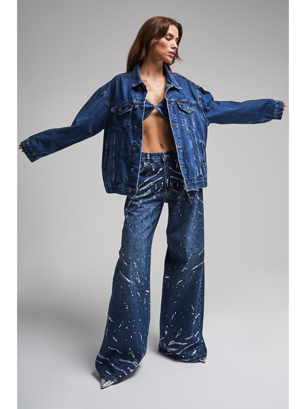 Kadın Mavi Renk Oversize %100 Pamuk Denim Ceket-4