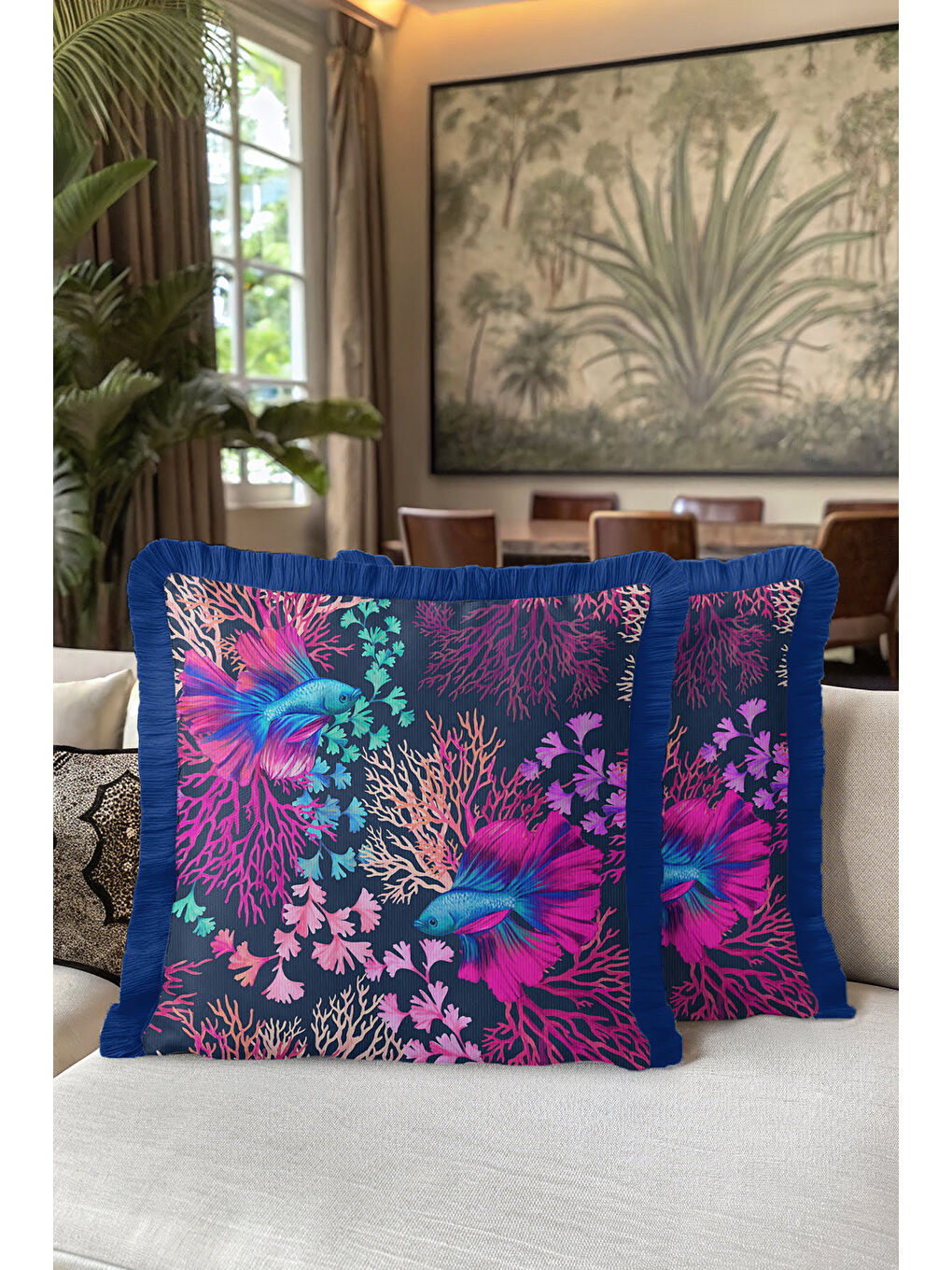 Karışık Lüks Mercan Balık Saçaklı Yastık Kılıfı - Okyanus Esintisi Bohem Lacivert Püsküllü Kırlent Kılıfı-5
