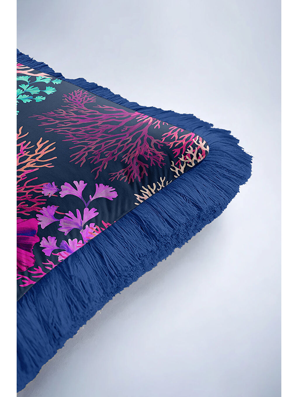 Karışık Lüks Mercan Balık Saçaklı Yastık Kılıfı - Okyanus Esintisi Bohem Lacivert Püsküllü Kırlent Kılıfı-6