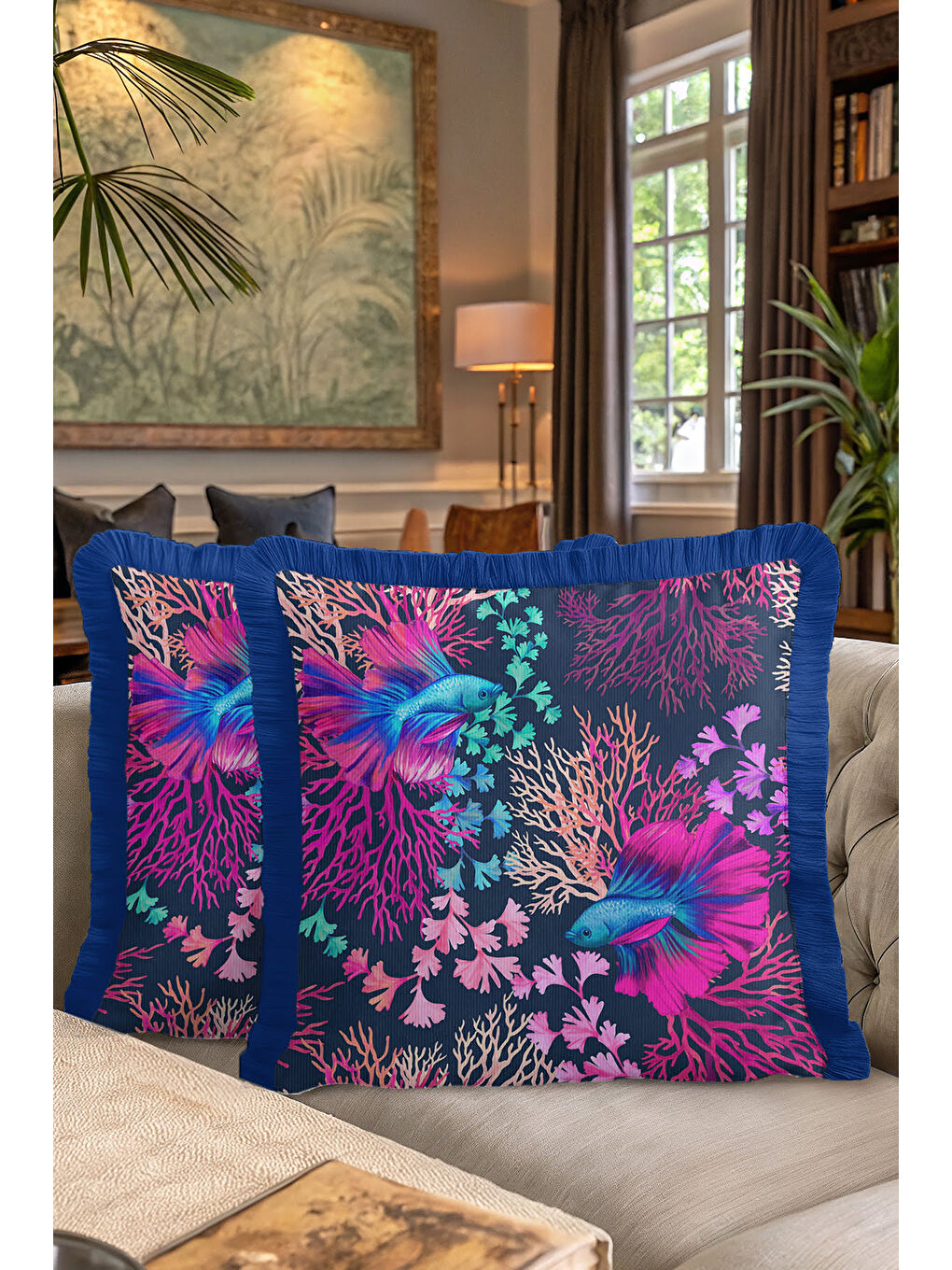 Karışık Lüks Mercan Balık Saçaklı Yastık Kılıfı - Okyanus Esintisi Bohem Lacivert Püsküllü Kırlent Kılıfı-7