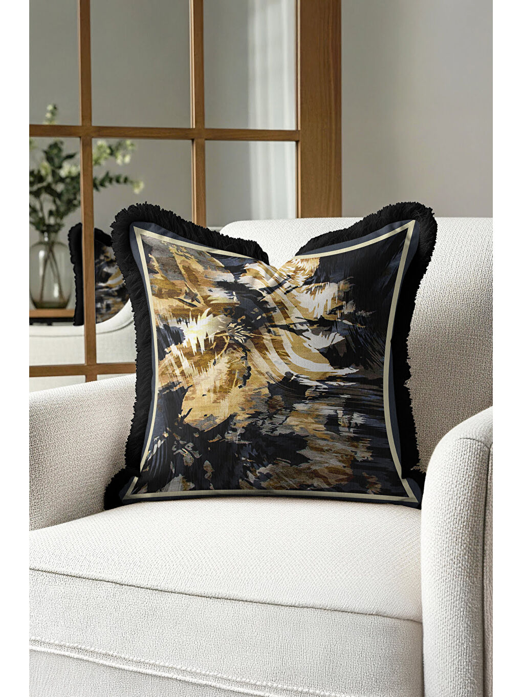 Karışık Lüks Altın Renkli Saçaklı Yastık Kılıfı - Dinamik Modern Siyah Altın Püsküllü Kırlent Kılıfı