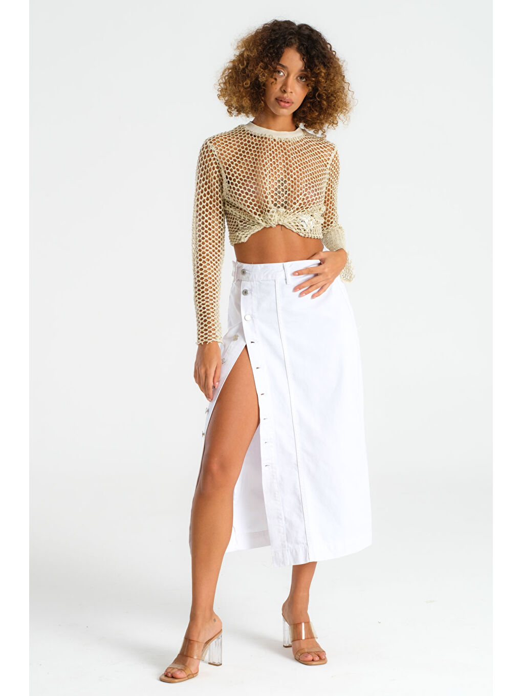 Kadın Beyaz Renk Tilia Önü Düğmeli Maxi Boy Denim Etek-5