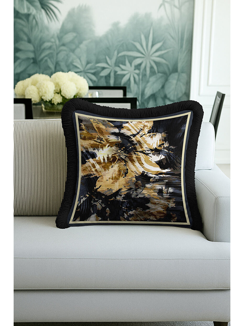 Karışık Lüks Altın Renkli Saçaklı Yastık Kılıfı - Dinamik Modern Siyah Altın Püsküllü Kırlent Kılıfı-2