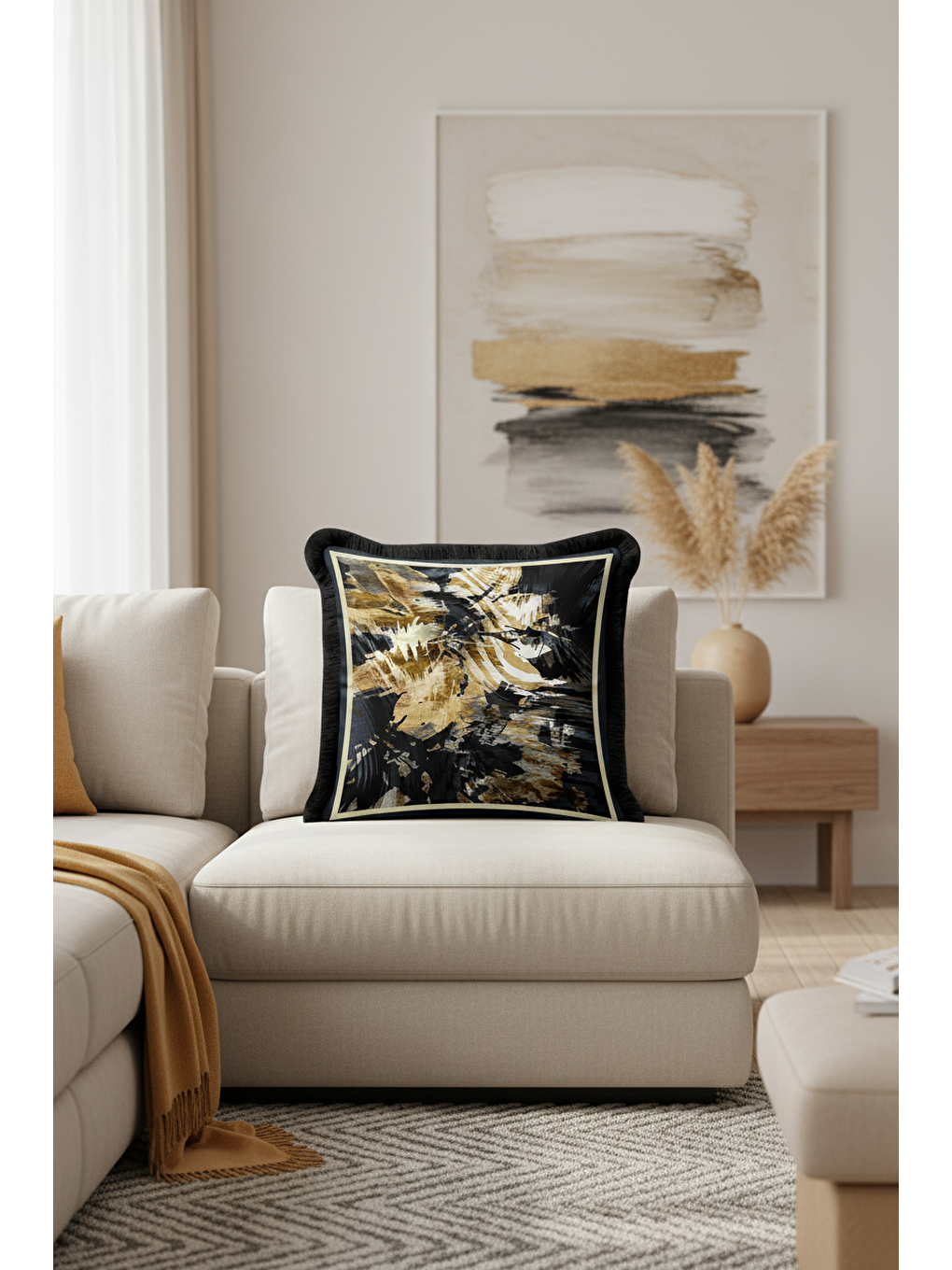 Karışık Lüks Altın Renkli Saçaklı Yastık Kılıfı - Dinamik Modern Siyah Altın Püsküllü Kırlent Kılıfı-3