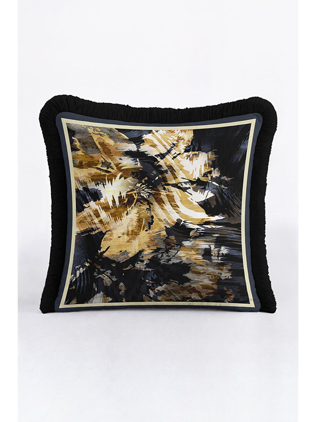 Karışık Lüks Altın Renkli Saçaklı Yastık Kılıfı - Dinamik Modern Siyah Altın Püsküllü Kırlent Kılıfı-4