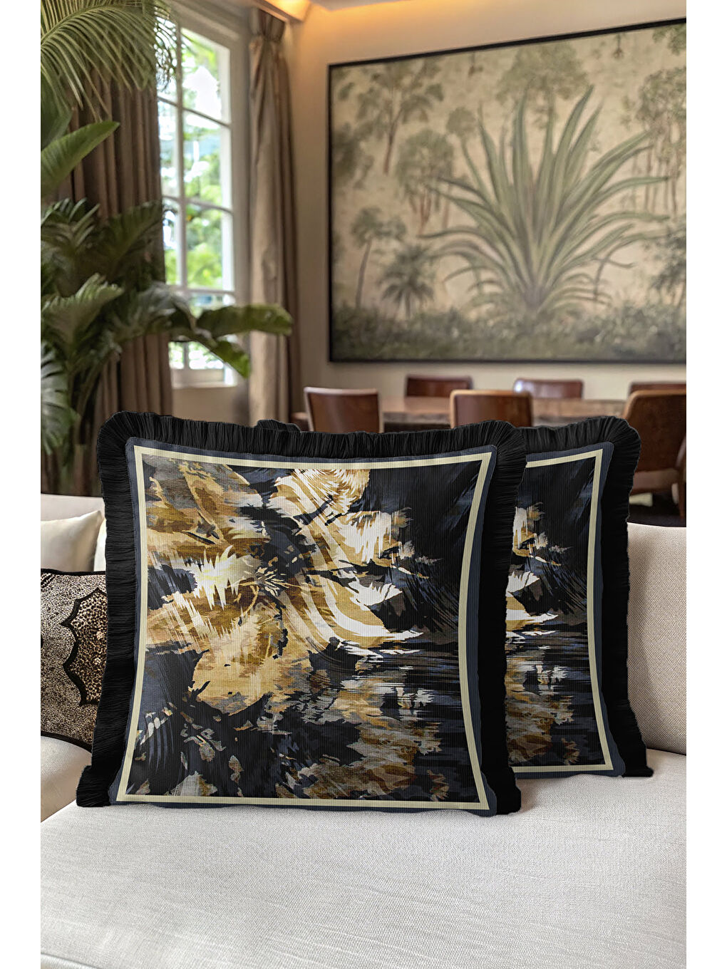 Karışık Lüks Altın Renkli Saçaklı Yastık Kılıfı - Dinamik Modern Siyah Altın Püsküllü Kırlent Kılıfı-5