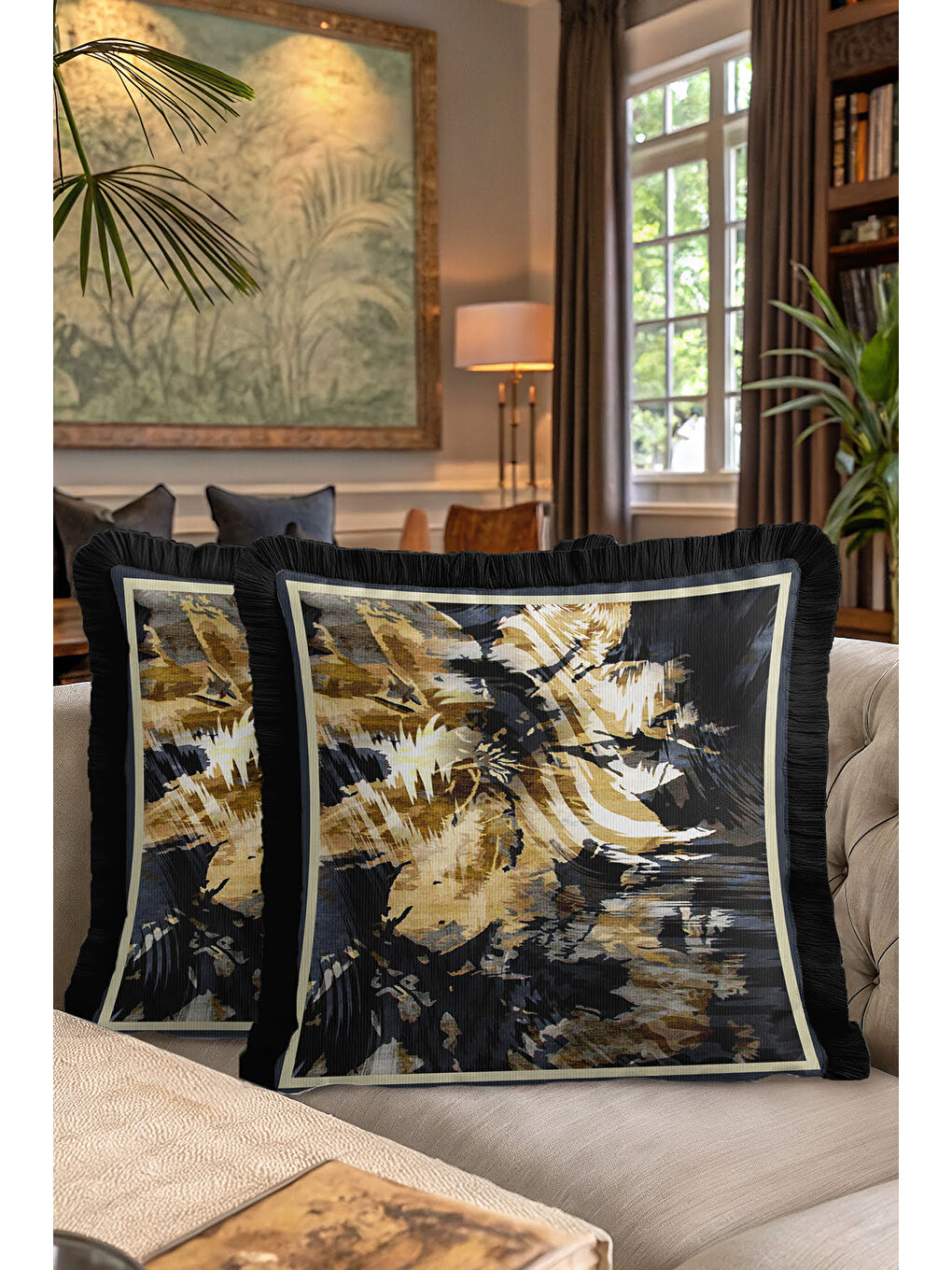 Karışık Lüks Altın Renkli Saçaklı Yastık Kılıfı - Dinamik Modern Siyah Altın Püsküllü Kırlent Kılıfı-7