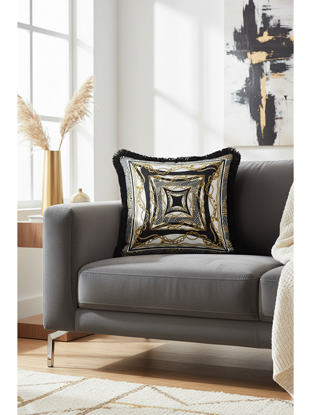 Karışık Zincir Motifli Lüks Saçaklı Yastık Kılıfı - Klasik Glam Siyah Altın Renkli Püsküllü Kırlent Kılıfı
