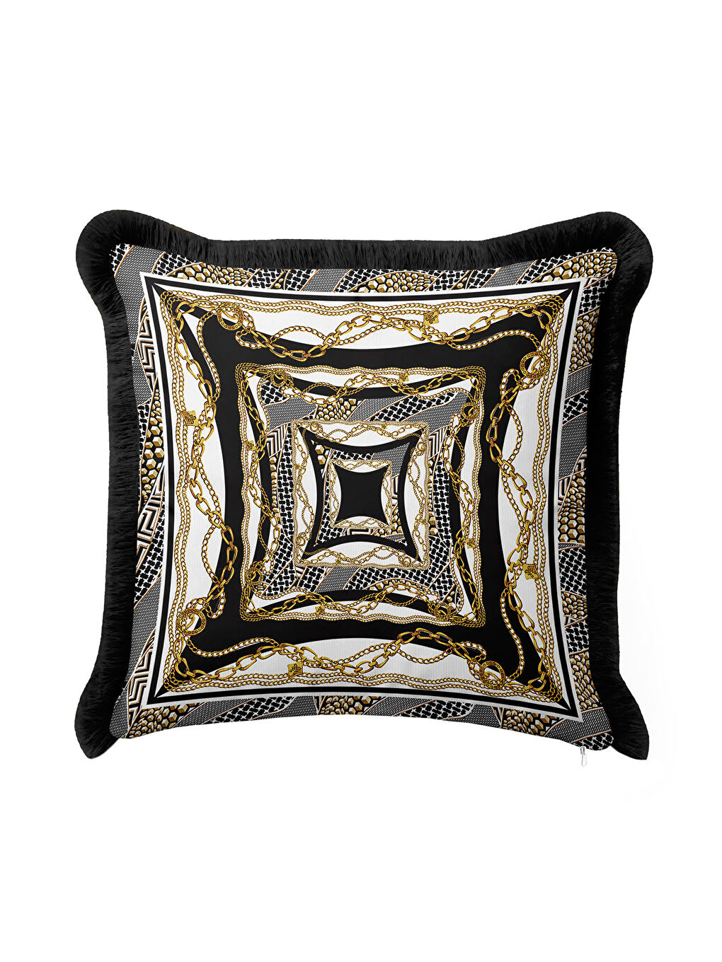 Karışık Zincir Motifli Lüks Saçaklı Yastık Kılıfı - Klasik Glam Siyah Altın Renkli Püsküllü Kırlent Kılıfı-1