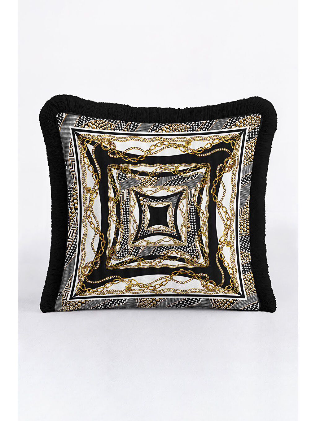 Karışık Zincir Motifli Lüks Saçaklı Yastık Kılıfı - Klasik Glam Siyah Altın Renkli Püsküllü Kırlent Kılıfı-2