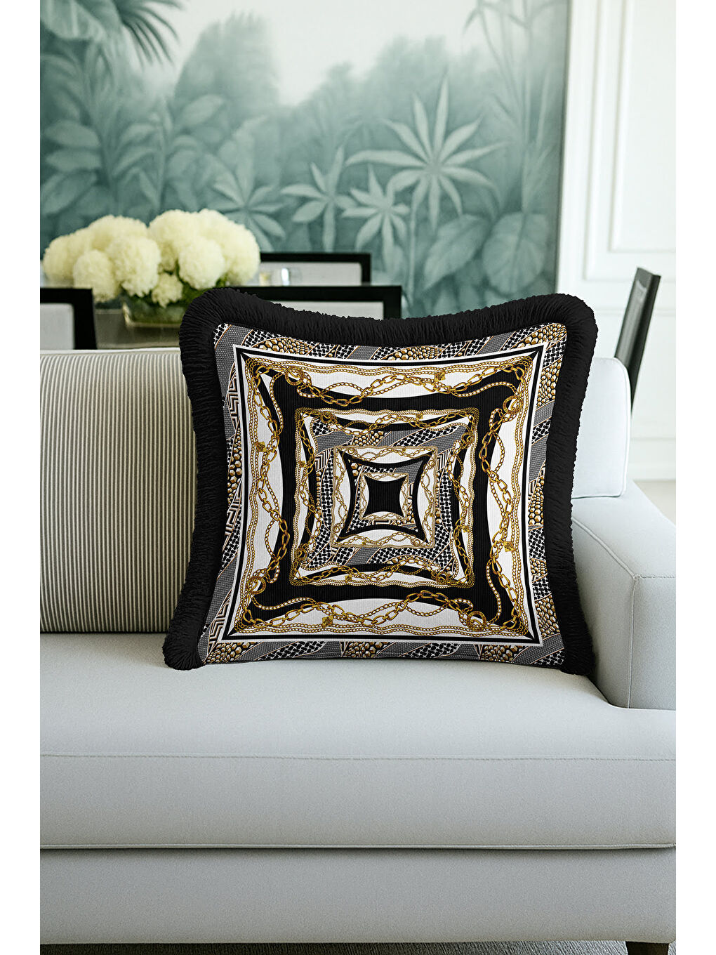 Karışık Zincir Motifli Lüks Saçaklı Yastık Kılıfı - Klasik Glam Siyah Altın Renkli Püsküllü Kırlent Kılıfı-3