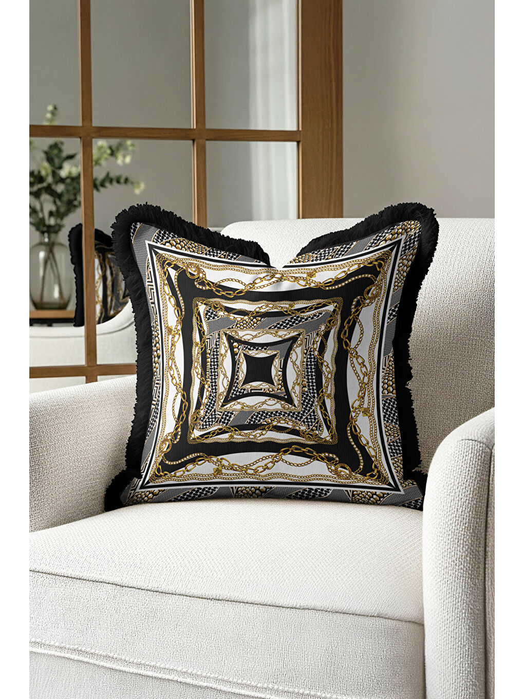 Karışık Zincir Motifli Lüks Saçaklı Yastık Kılıfı - Klasik Glam Siyah Altın Renkli Püsküllü Kırlent Kılıfı-4
