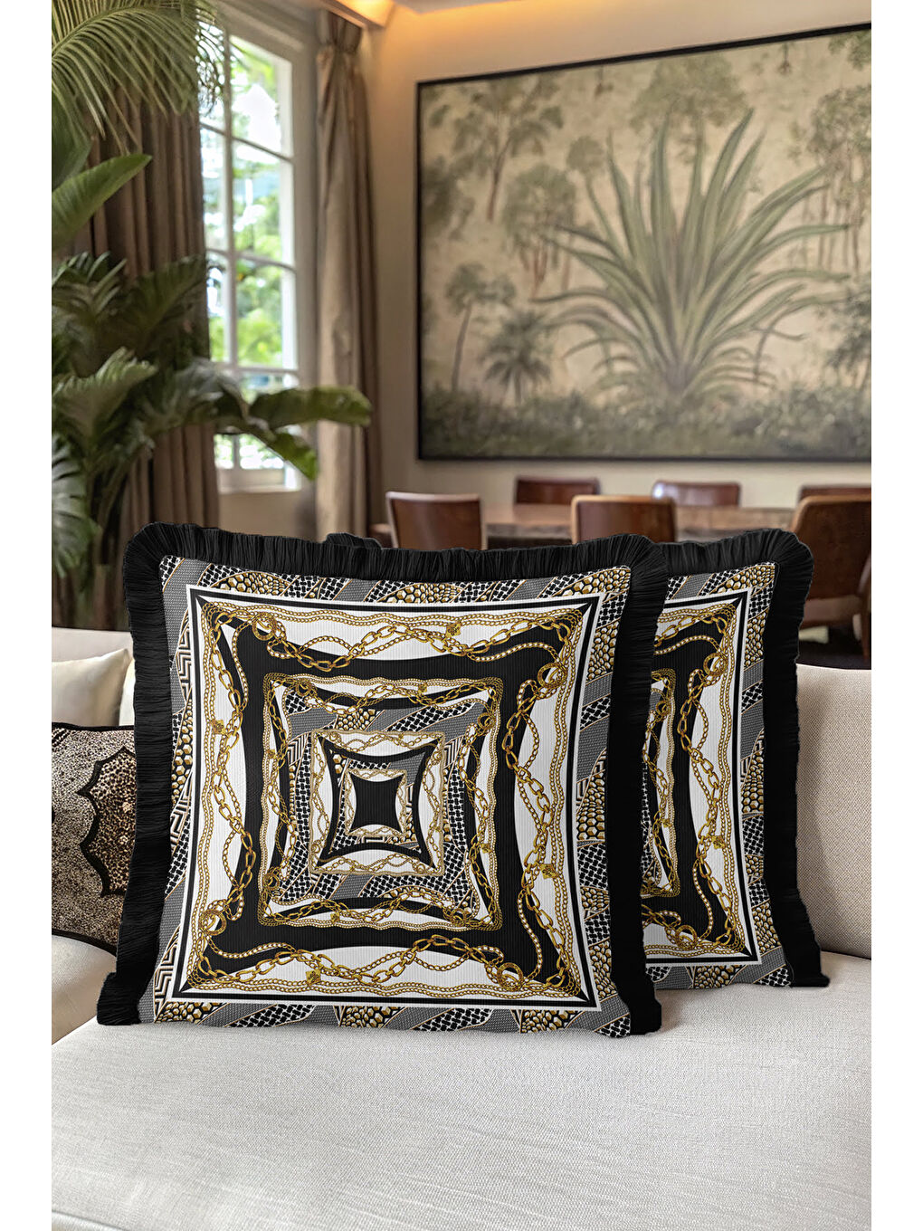 Karışık Zincir Motifli Lüks Saçaklı Yastık Kılıfı - Klasik Glam Siyah Altın Renkli Püsküllü Kırlent Kılıfı-5