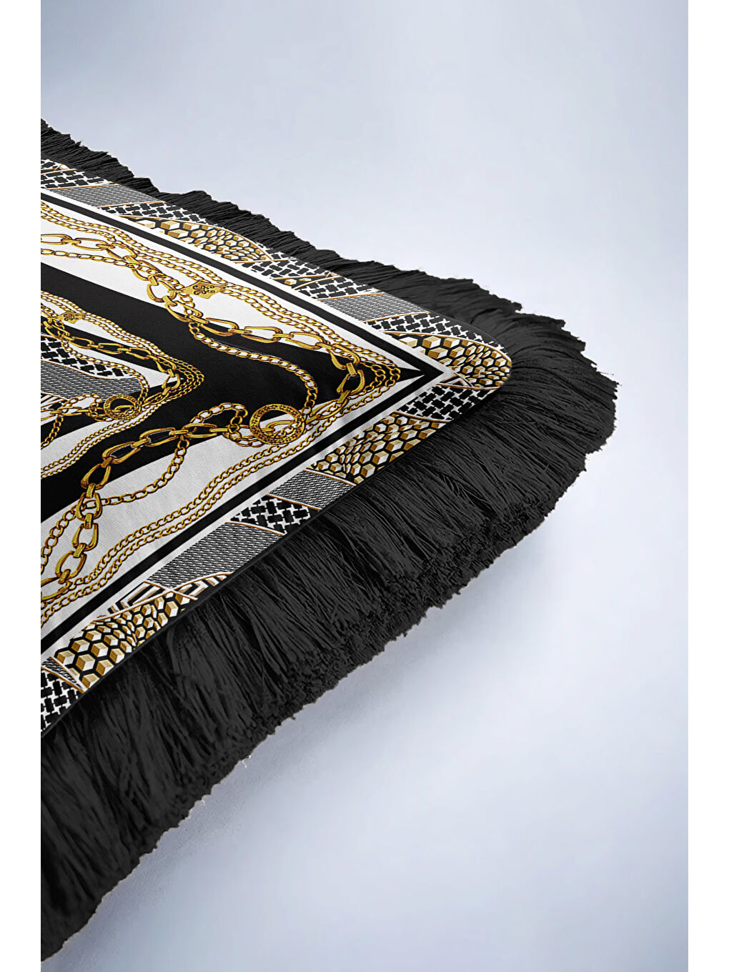 Karışık Zincir Motifli Lüks Saçaklı Yastık Kılıfı - Klasik Glam Siyah Altın Renkli Püsküllü Kırlent Kılıfı-6