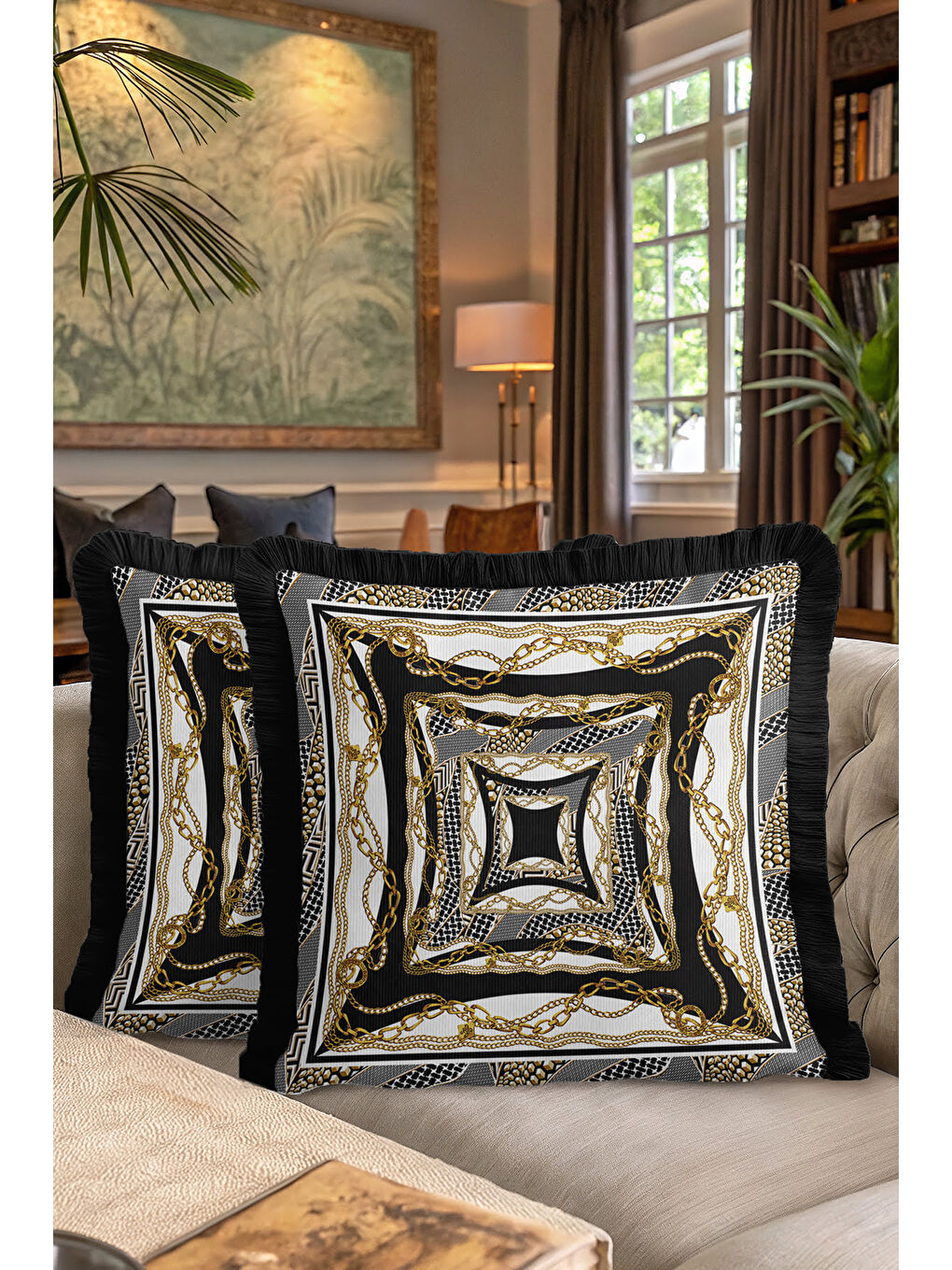Karışık Zincir Motifli Lüks Saçaklı Yastık Kılıfı - Klasik Glam Siyah Altın Renkli Püsküllü Kırlent Kılıfı-7