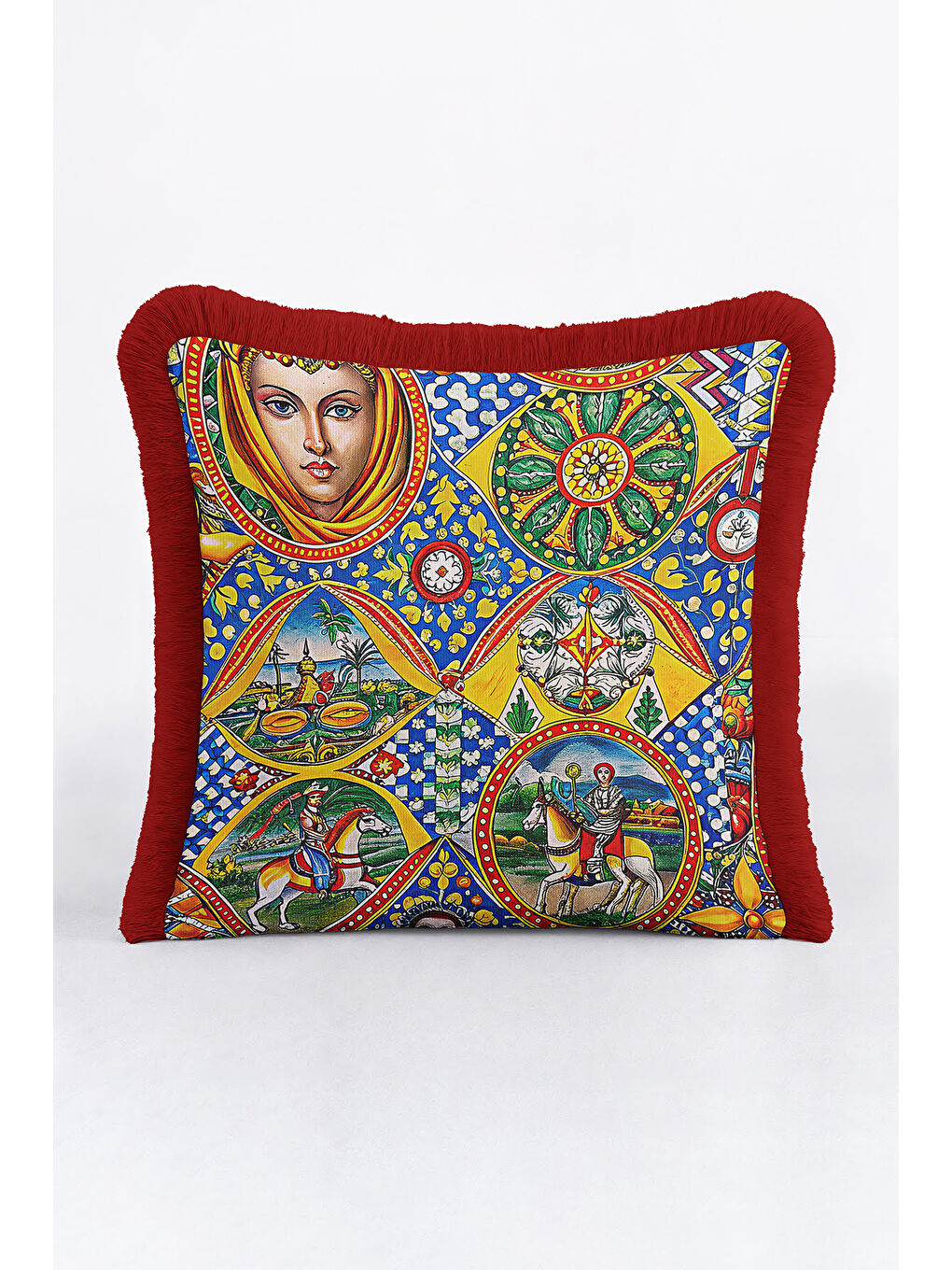 Karışık Sicilya Rüyası Saçaklı Yastık Kılıfı - Akdeniz Canlı Mavi Sarı Kırmızı Püsküllü Kırlent Kılıfı