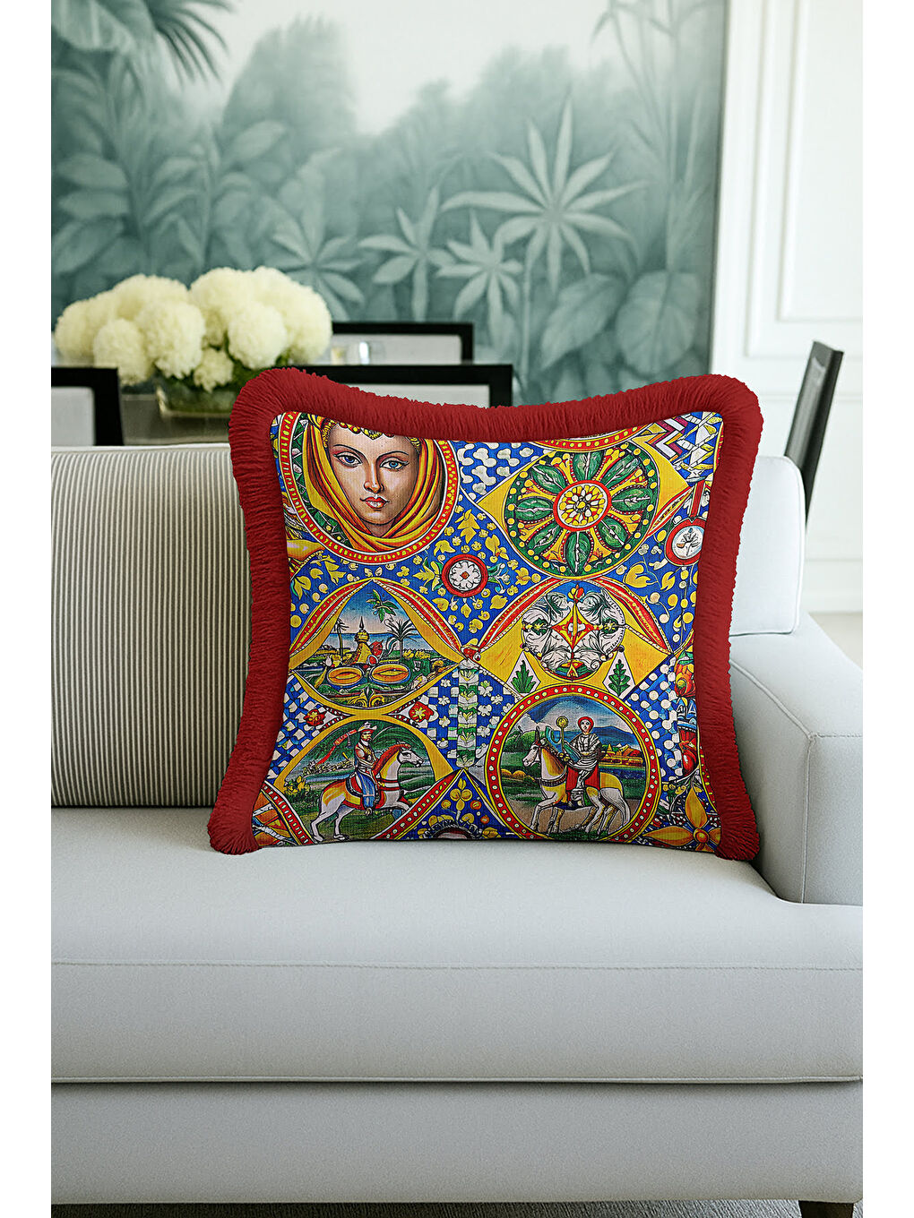 Karışık Sicilya Rüyası Saçaklı Yastık Kılıfı - Akdeniz Canlı Mavi Sarı Kırmızı Püsküllü Kırlent Kılıfı-1