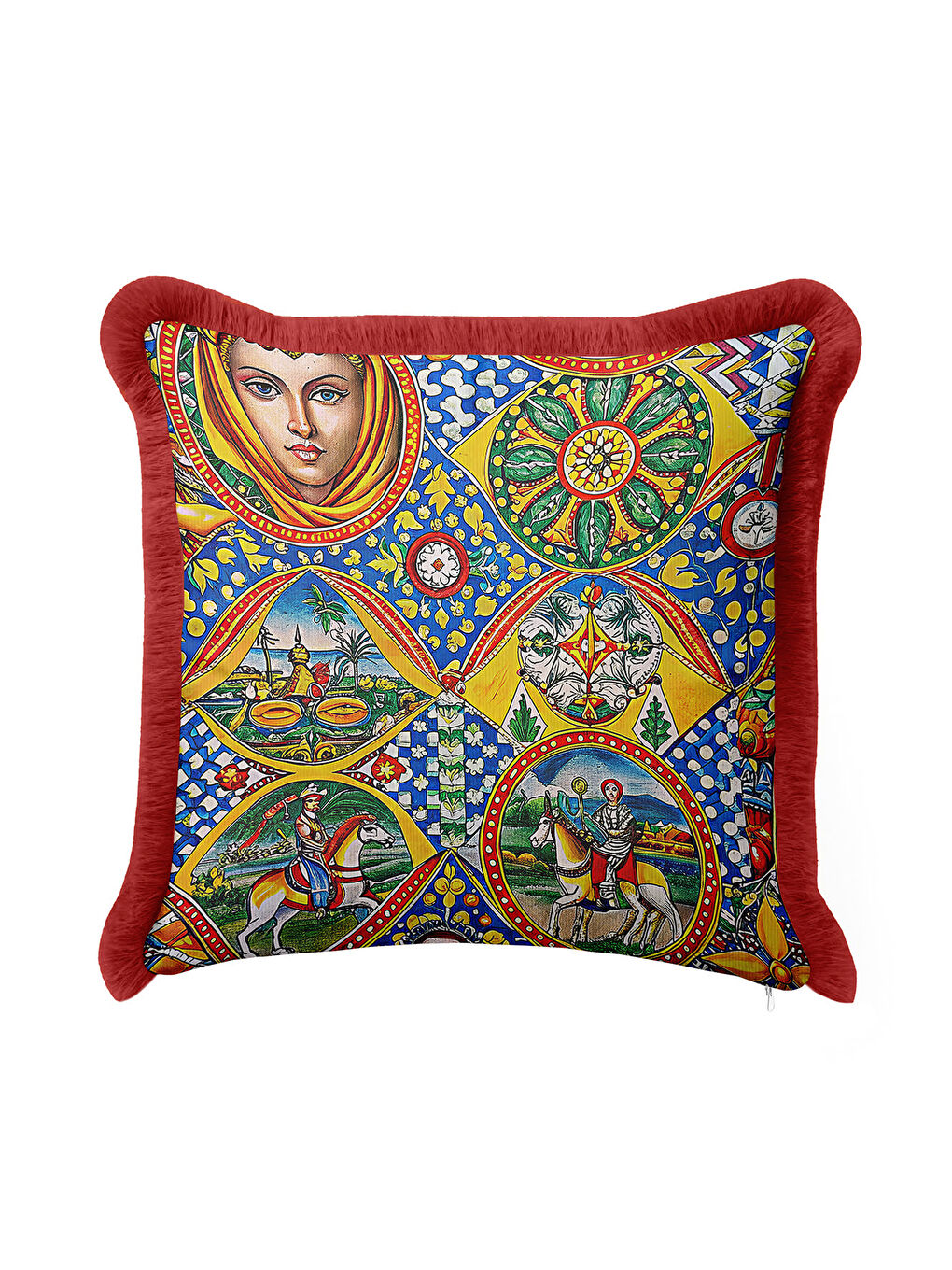 Karışık Sicilya Rüyası Saçaklı Yastık Kılıfı - Akdeniz Canlı Mavi Sarı Kırmızı Püsküllü Kırlent Kılıfı-3