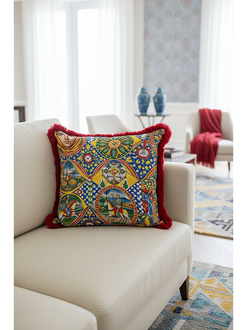 Karışık Sicilya Rüyası Saçaklı Yastık Kılıfı - Akdeniz Canlı Mavi Sarı Kırmızı Püsküllü Kırlent Kılıfı-4