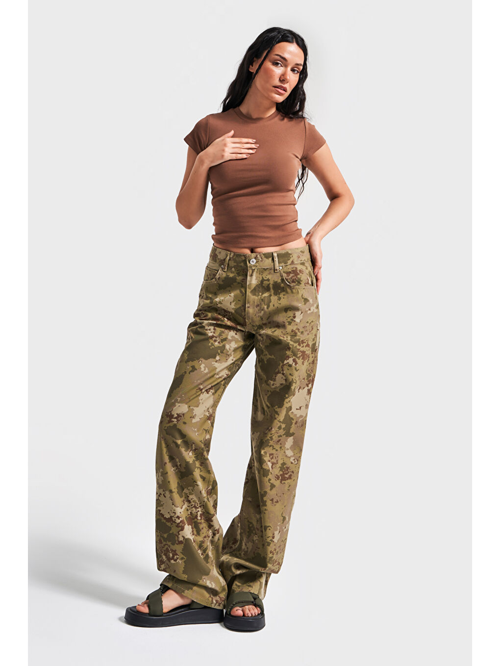 Kahverengi Kadın Kamufulaj Renk Loose Fit Orta Bel %100 Pamuk Denim Pantolon-1
