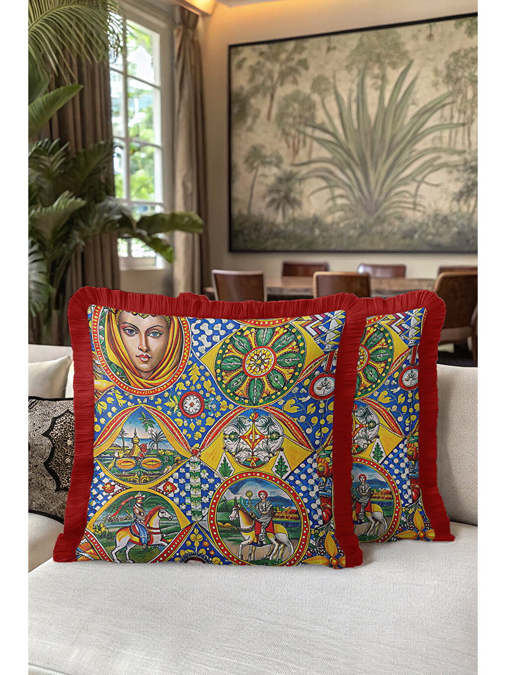 Karışık Sicilya Rüyası Saçaklı Yastık Kılıfı - Akdeniz Canlı Mavi Sarı Kırmızı Püsküllü Kırlent Kılıfı-5