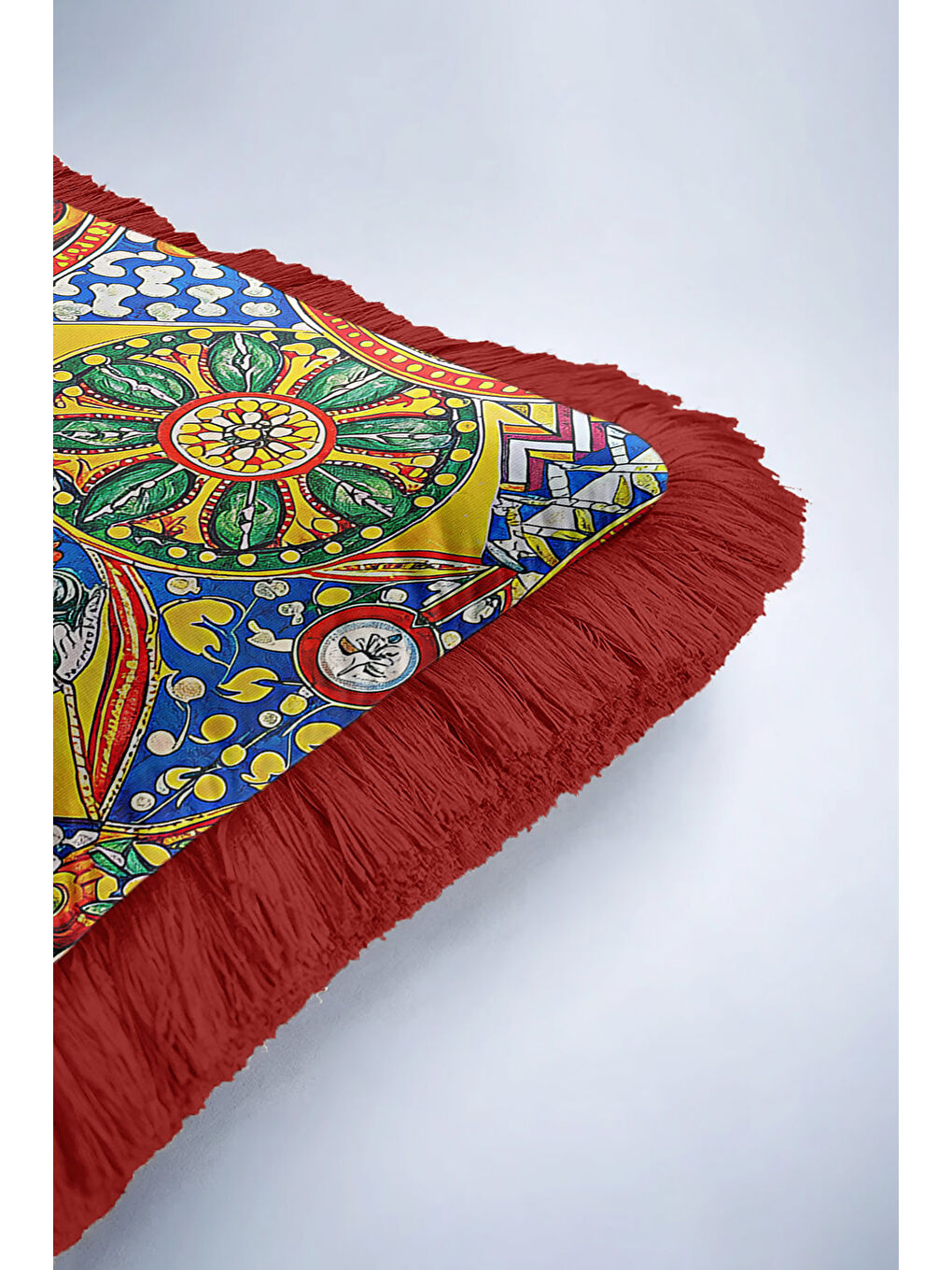 Karışık Sicilya Rüyası Saçaklı Yastık Kılıfı - Akdeniz Canlı Mavi Sarı Kırmızı Püsküllü Kırlent Kılıfı-6