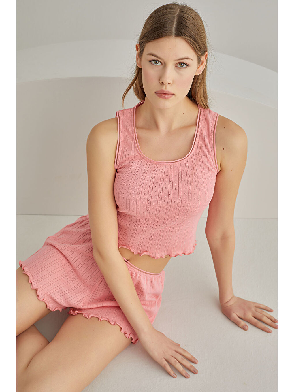 Pembe Self Patterned Crop Şort Takım-1