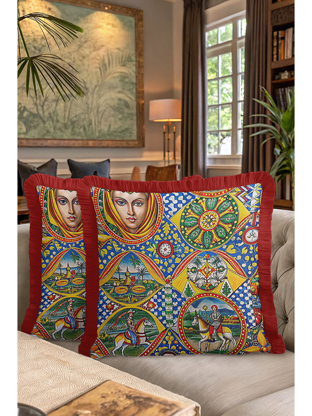 Karışık Sicilya Rüyası Saçaklı Yastık Kılıfı - Akdeniz Canlı Mavi Sarı Kırmızı Püsküllü Kırlent Kılıfı-7