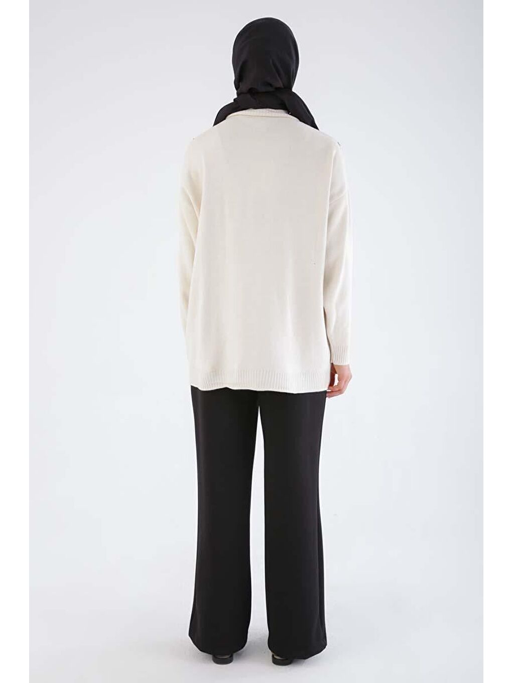 Ekru Krem Püskül Nakışlı V Yaka Triko Hırka-3