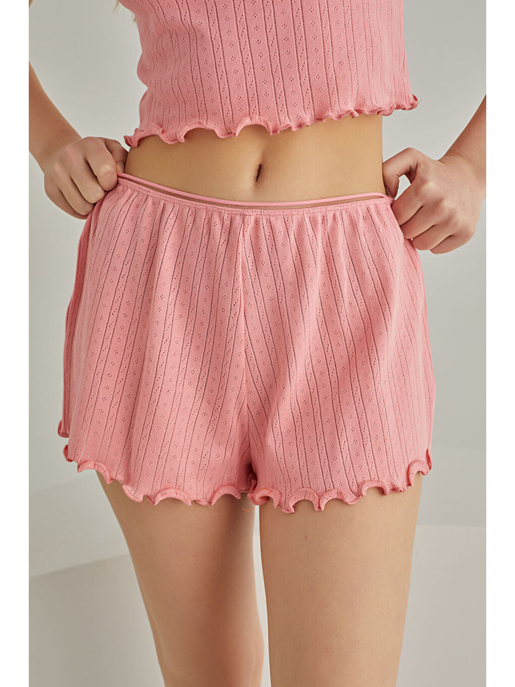 Pembe Self Patterned Crop Şort Takım-3