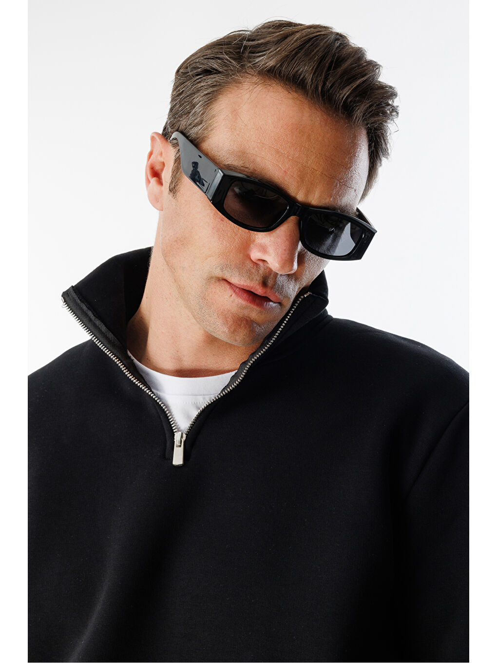 Siyah Kalın Yarım Fermuarlı Dik Yaka Unisex Sweatshirt-3